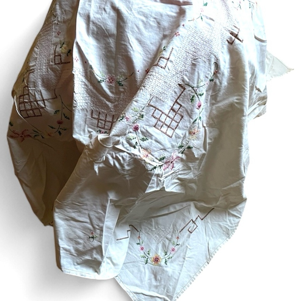 Vintage Tablecloth Hand Embroidered Floral CrossStitch  50” Sewing Upcycle craft - Picture 6 of 14